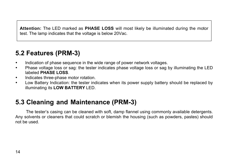 2 features (prm-3), 3 cleaning, Maintenance (prm-3) | Amprobe PRM-2 Phase-Sequence User Manual | Page 14 / 16