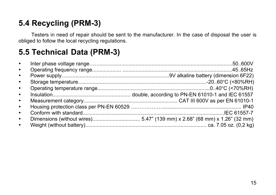 4 recycling (prm-3), 5 technical, Data (prm-3) | Amprobe PRM-2 Phase-Sequence User Manual | Page 15 / 16