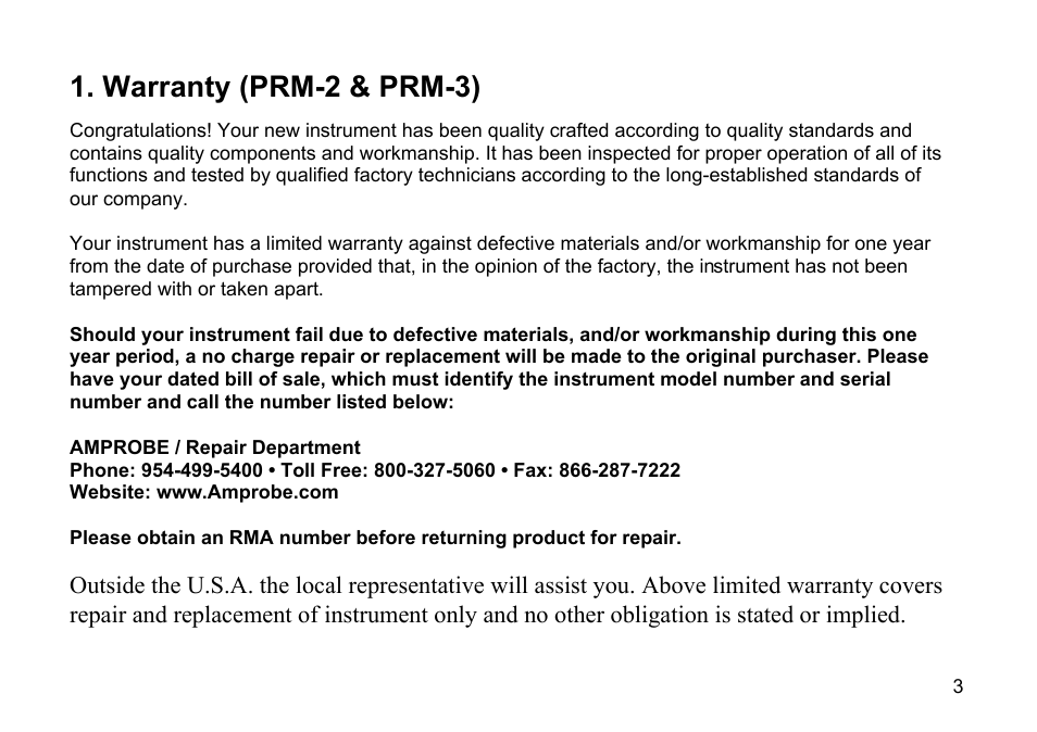 Warranty (prm-2 & prm-3) | Amprobe PRM-2 Phase-Sequence User Manual | Page 3 / 16