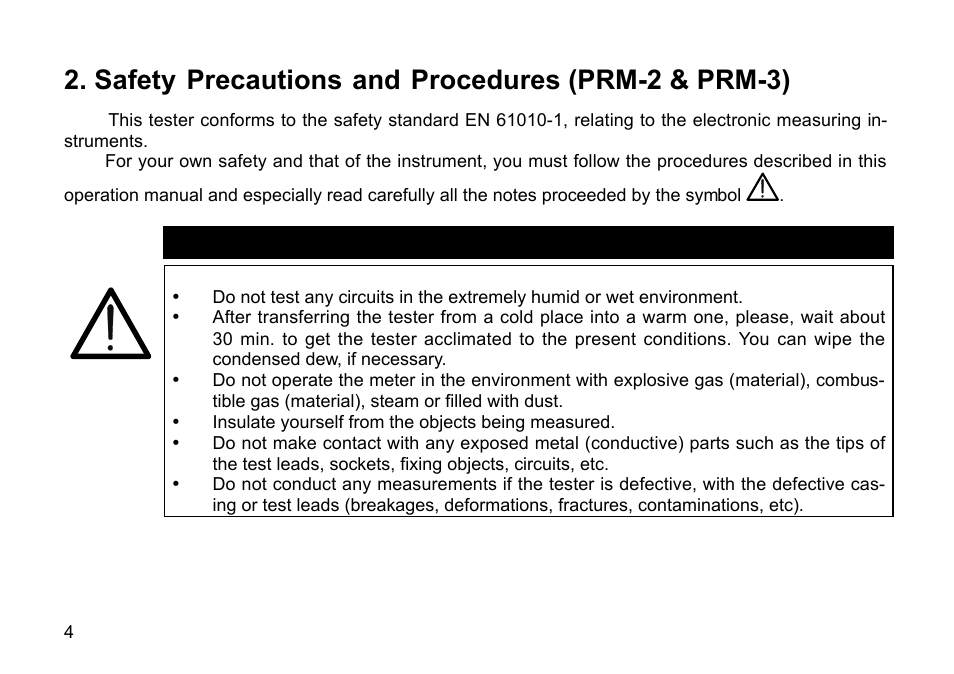 Safety, Precautions, Procedures (prm-2 & prm-3) | Warning | Amprobe PRM-2 Phase-Sequence User Manual | Page 4 / 16