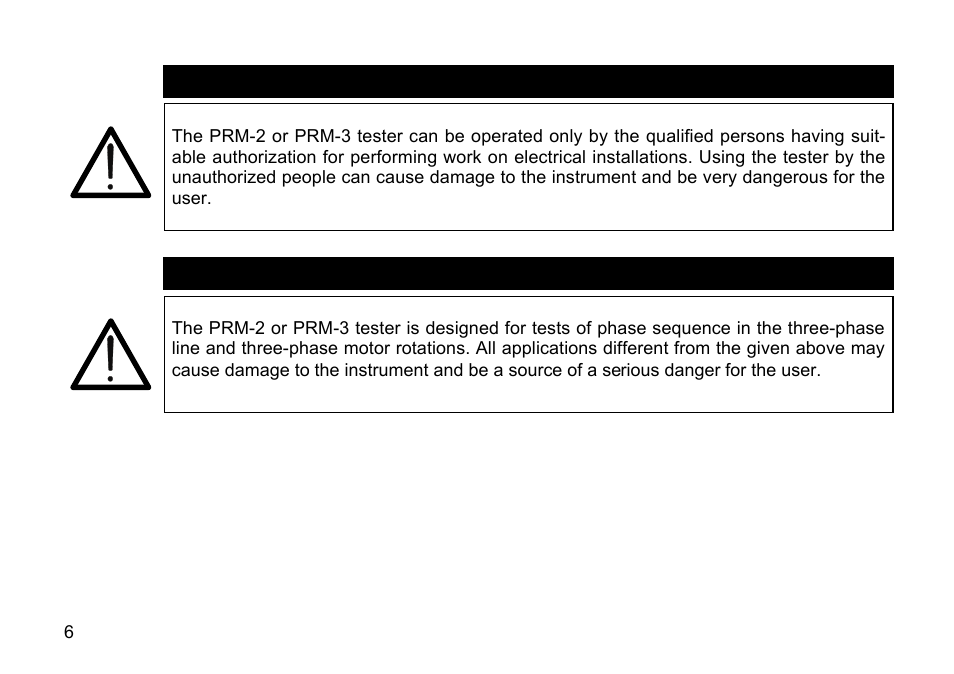 Warning | Amprobe PRM-2 Phase-Sequence User Manual | Page 6 / 16