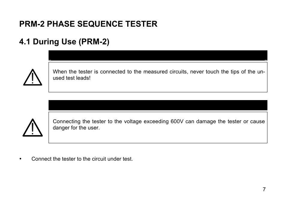 Warning | Amprobe PRM-2 Phase-Sequence User Manual | Page 7 / 16