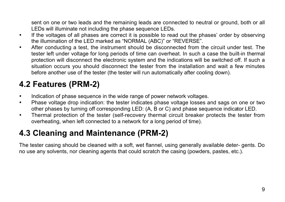 2 features (prm-2), 3 cleaning and maintenance (prm-2) | Amprobe PRM-2 Phase-Sequence User Manual | Page 9 / 16