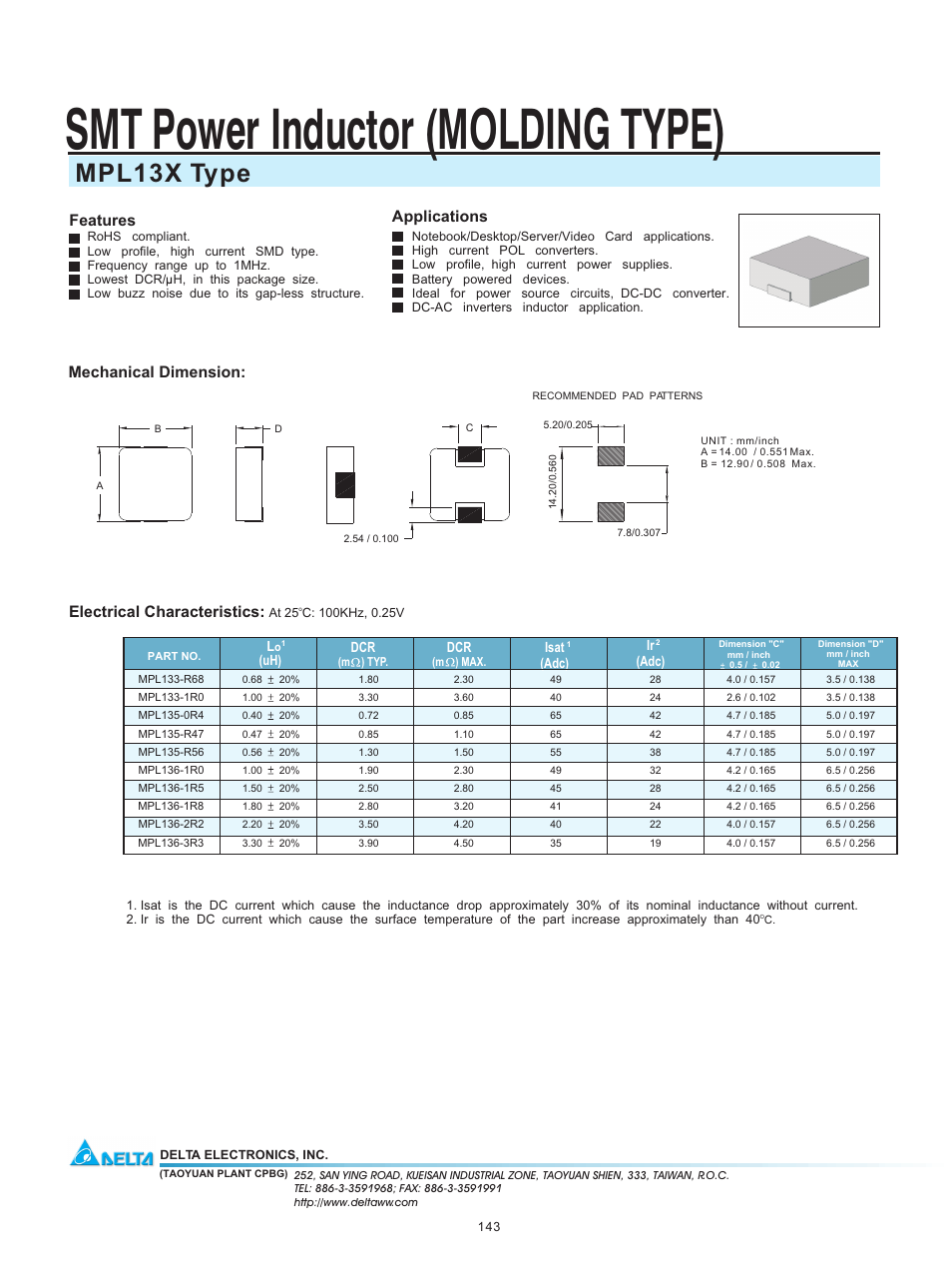 Delta Electronics SMT Power Inductor MPL13X User Manual | 1 page