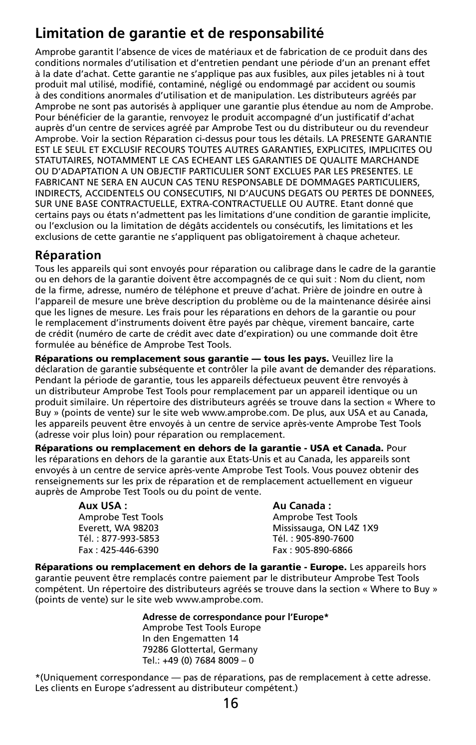 16 limitation de garantie et de responsabilité, Réparation | Amprobe PRM-4 Phase-Sequence-Motor-Rotation-Tester User Manual | Page 17 / 73