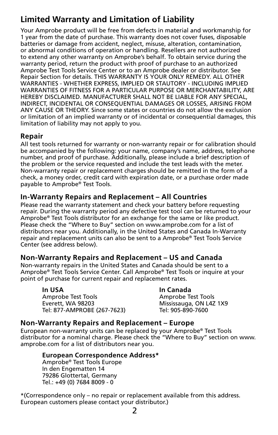 2limited warranty and limitation of liability | Amprobe PRM-4 Phase-Sequence-Motor-Rotation-Tester User Manual | Page 3 / 73