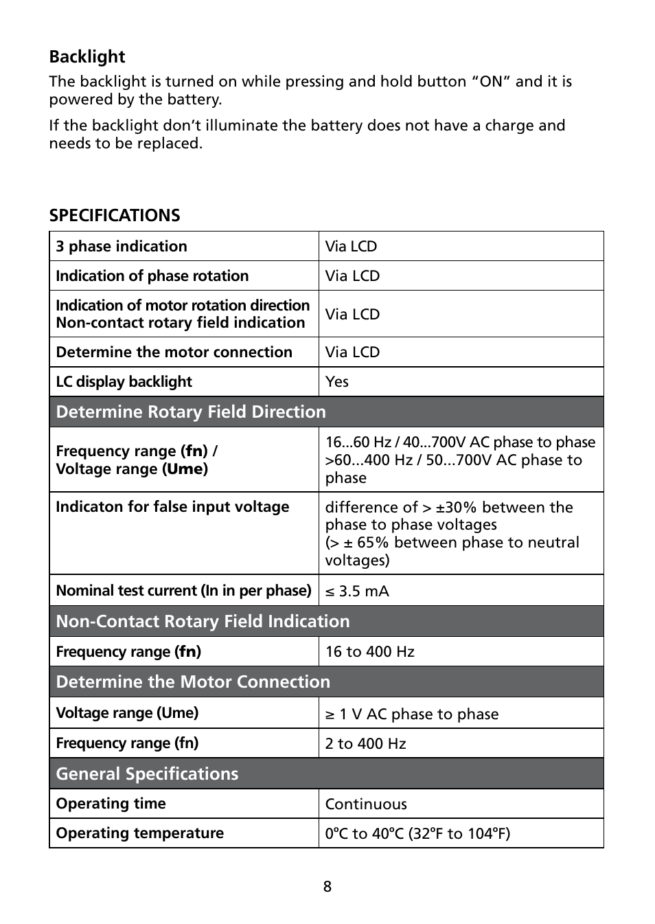 Backlight, Specifications, Determine rotary field direction | Non-contact rotary field indication, Determine the motor connection, General specifications | Amprobe PRM-6 User Manual | Page 12 / 52