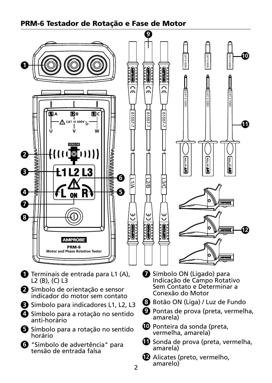 Prm-6 testador de rotação e fase de motor, Ponteira da sonda (preta, vermelha, amarela), Sonda de prova (preta, vermelha, amarela) | Alicates (preto, vermelho, amarelo) | Amprobe PRM-6 User Manual | Page 42 / 52