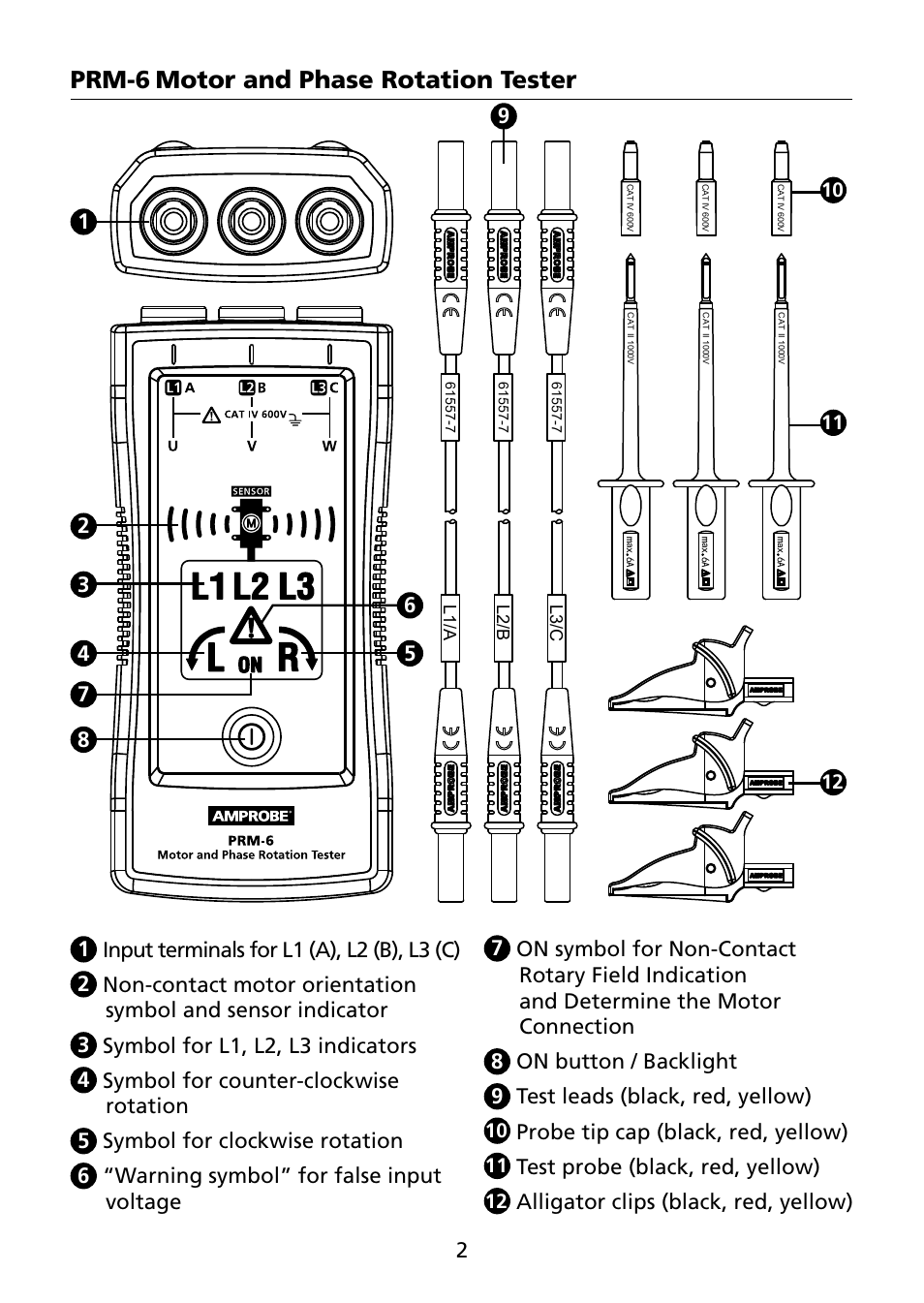 Prm-6 motor and phase rotation tester, Probe tip cap (black, red, yellow), Test probe (black, red, yellow) | Alligator clips (black, red, yellow) | Amprobe PRM-6 User Manual | Page 6 / 52