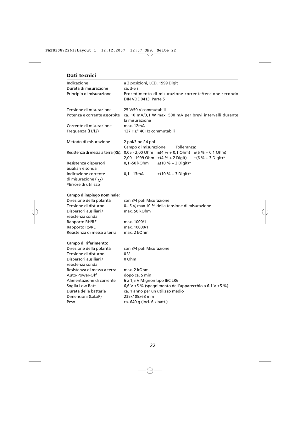 Dati tecnici | Amprobe Telaris-Earth-Test Earth-Resistance-Tester User Manual | Page 120 / 124