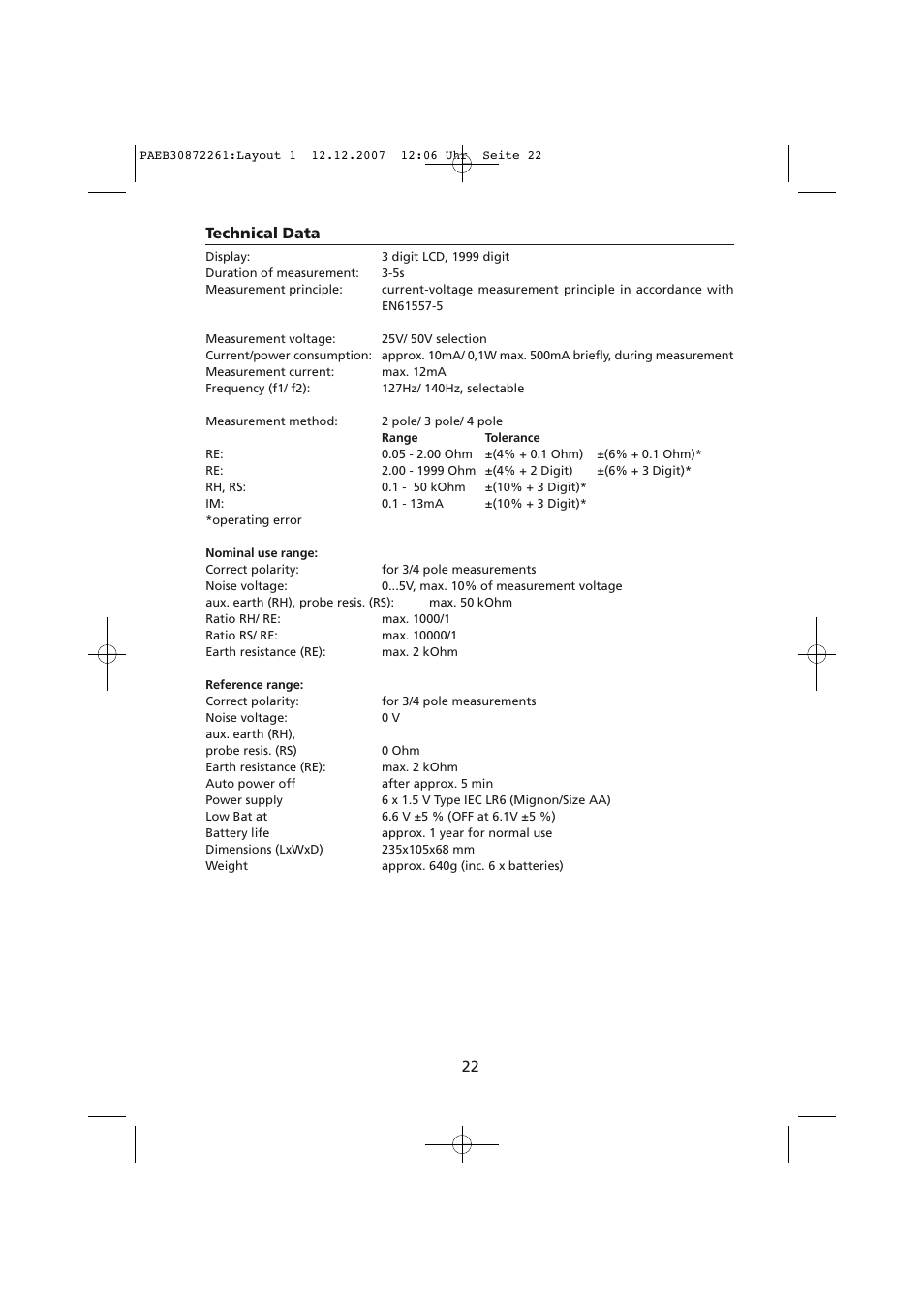 Technical data | Amprobe Telaris-Earth-Test Earth-Resistance-Tester User Manual | Page 24 / 124