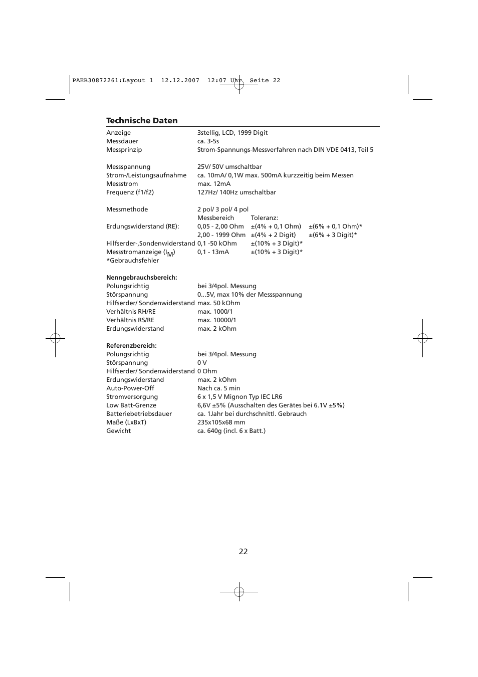 Technische daten | Amprobe Telaris-Earth-Test Earth-Resistance-Tester User Manual | Page 48 / 124