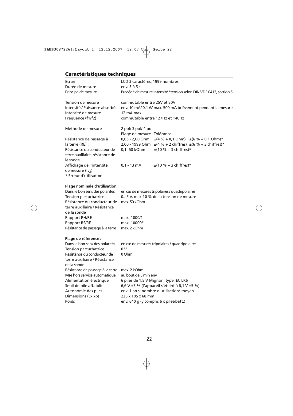 Caractéristiques techniques | Amprobe Telaris-Earth-Test Earth-Resistance-Tester User Manual | Page 72 / 124