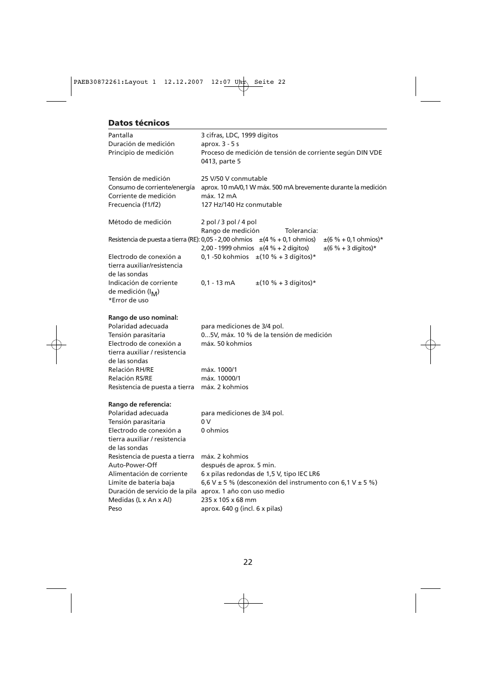 Datos técnicos | Amprobe Telaris-Earth-Test Earth-Resistance-Tester User Manual | Page 96 / 124