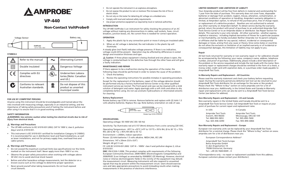 Amprobe VP-440 Non-Contact-VoltProbe User Manual | 6 pages