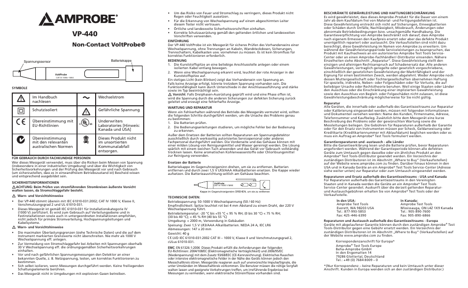 Vp-440, Non-contact voltprobe | Amprobe VP-440 Non-Contact-VoltProbe User Manual | Page 2 / 6