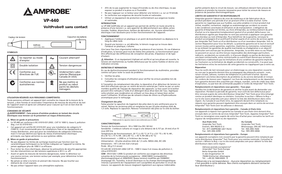 Vp-440, Voltprobe® sans contact | Amprobe VP-440 Non-Contact-VoltProbe User Manual | Page 3 / 6