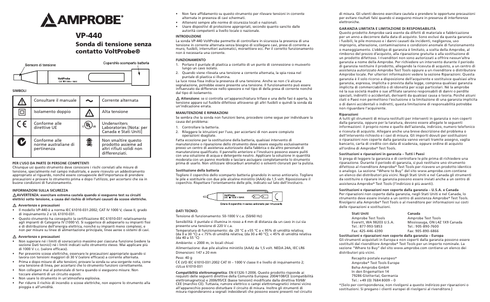 Vp-440, Sonda di tensione senza contatto voltprobe | Amprobe VP-440 Non-Contact-VoltProbe User Manual | Page 4 / 6