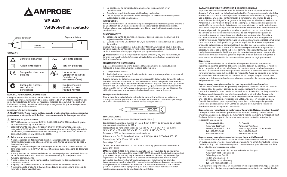 Vp-440, Voltprobe® sin contacto | Amprobe VP-440 Non-Contact-VoltProbe User Manual | Page 5 / 6