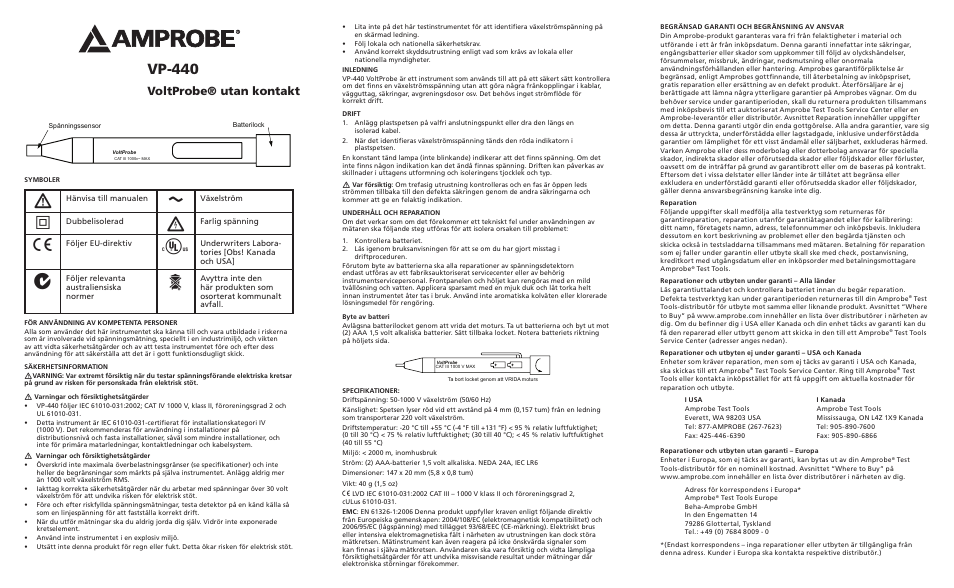 Vp-440, Voltprobe® utan kontakt | Amprobe VP-440 Non-Contact-VoltProbe User Manual | Page 6 / 6