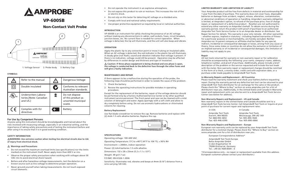 Amprobe VP-600SB Non-Contact-VoltProbe User Manual | 6 pages