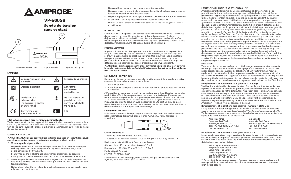 Vp-600sb, Sonde de tension sans contact | Amprobe VP-600SB Non-Contact-VoltProbe User Manual | Page 2 / 6