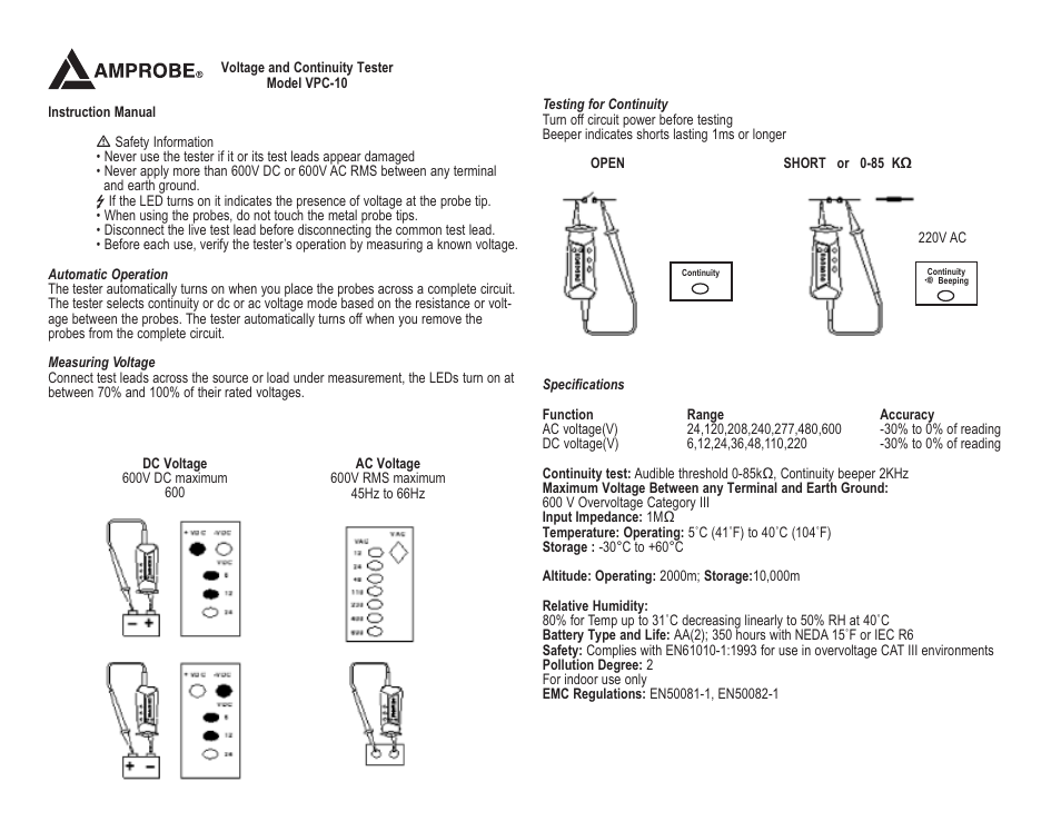 Amprobe VPC-10 Voltage-Continuity-Tester User Manual | 2 pages