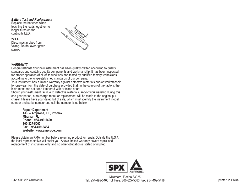 Amprobe VPC-10 Voltage-Continuity-Tester User Manual | Page 2 / 2