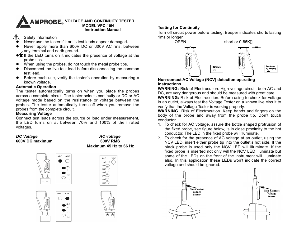 Amprobe VPC-10N Voltage-Continuity-Tester User Manual | 2 pages