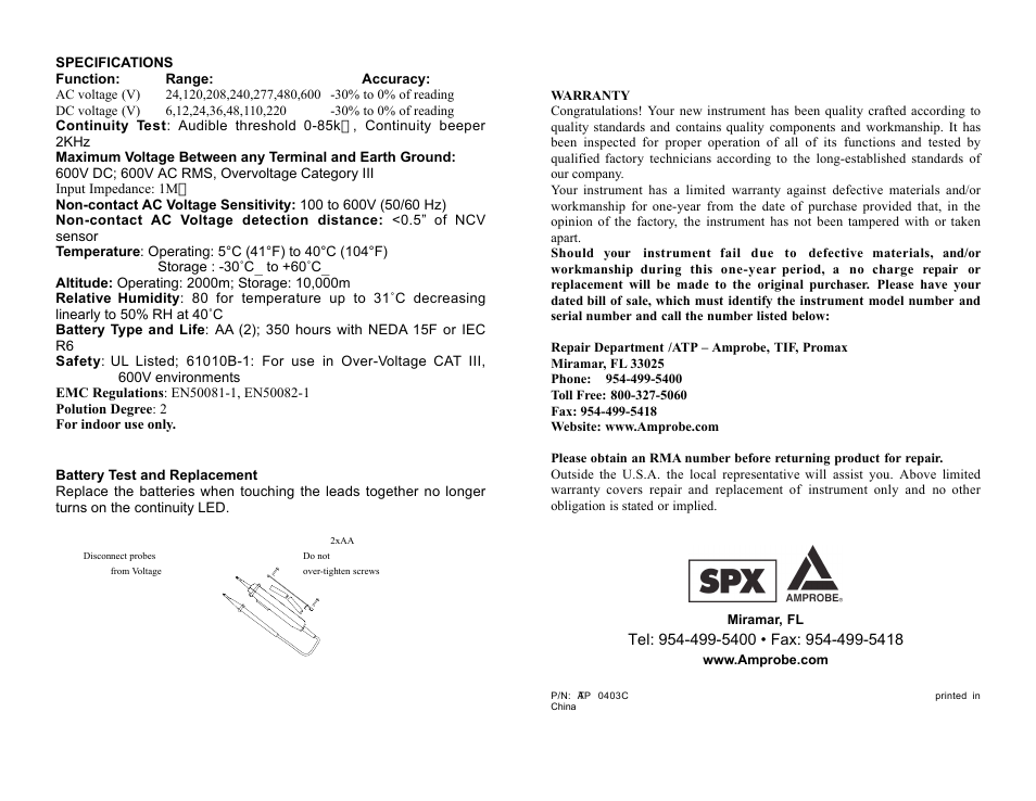 Amprobe VPC-10N Voltage-Continuity-Tester User Manual | Page 2 / 2
