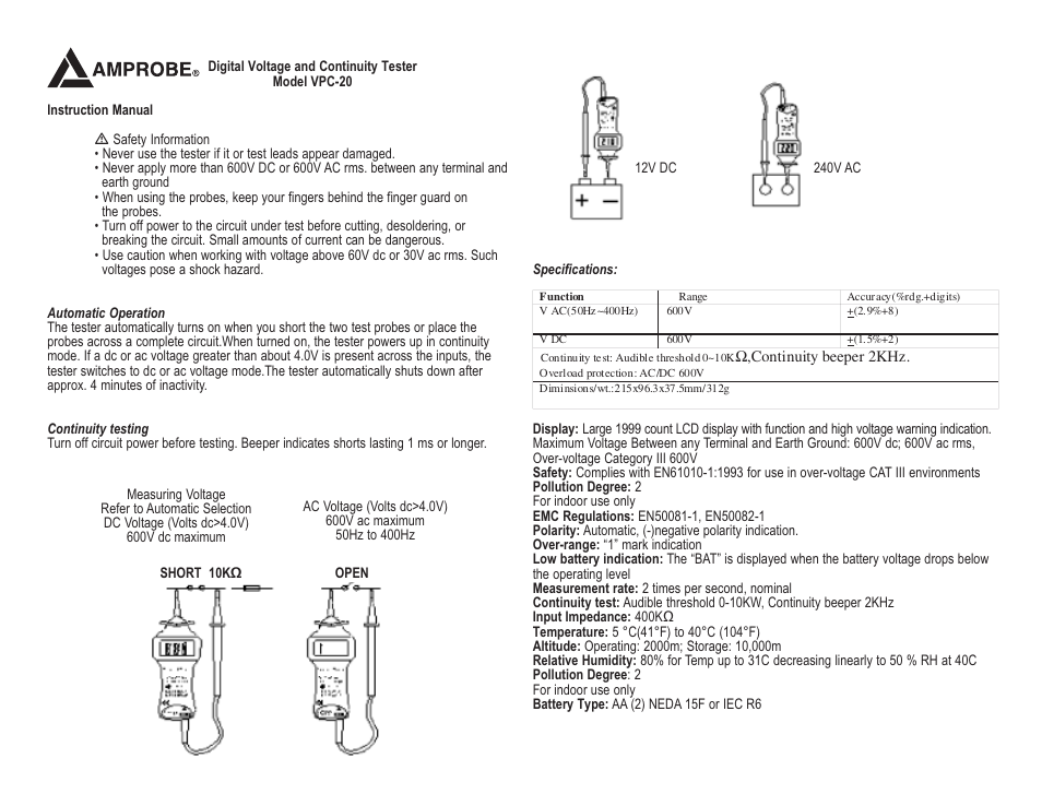 Amprobe VPC-20 Voltage-Continuity-Tester User Manual | 2 pages