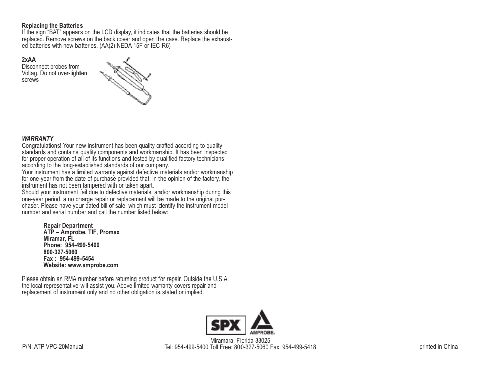 Amprobe VPC-20 Voltage-Continuity-Tester User Manual | Page 2 / 2