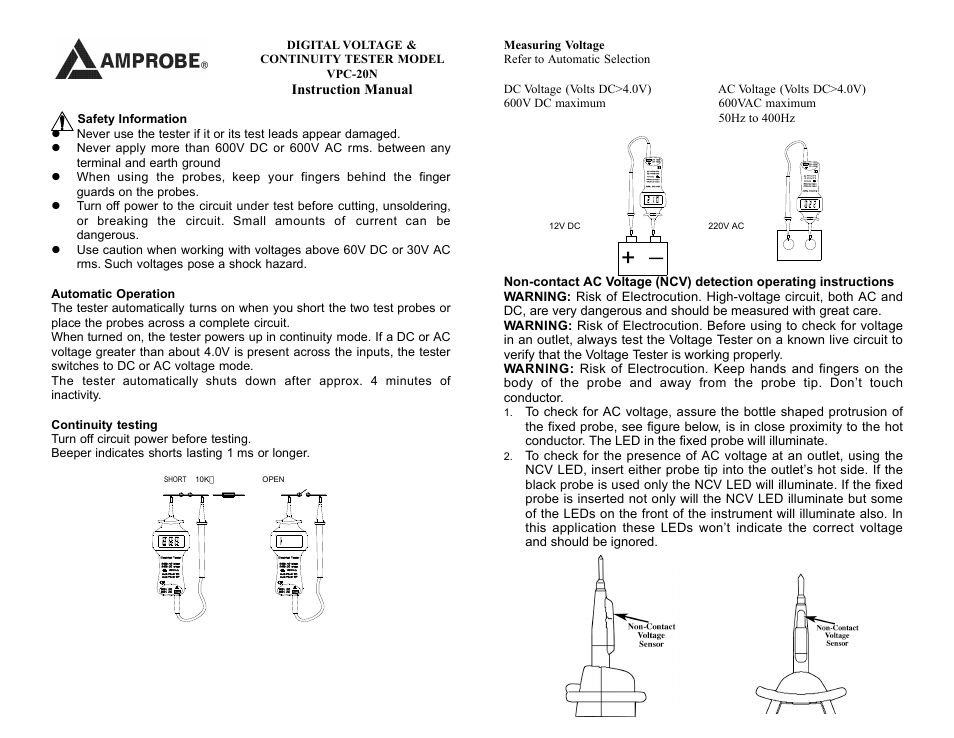 Amprobe VPC-20N Voltage-Continuity-Tester User Manual | 2 pages