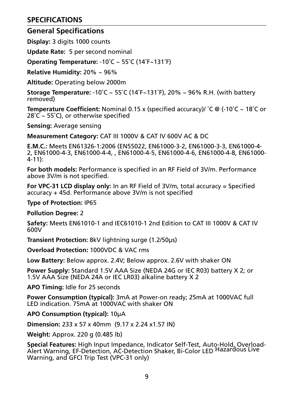 Specifications general specifications | Amprobe VPC-30 VPC-31 Voltage-Continuity User Manual | Page 15 / 96