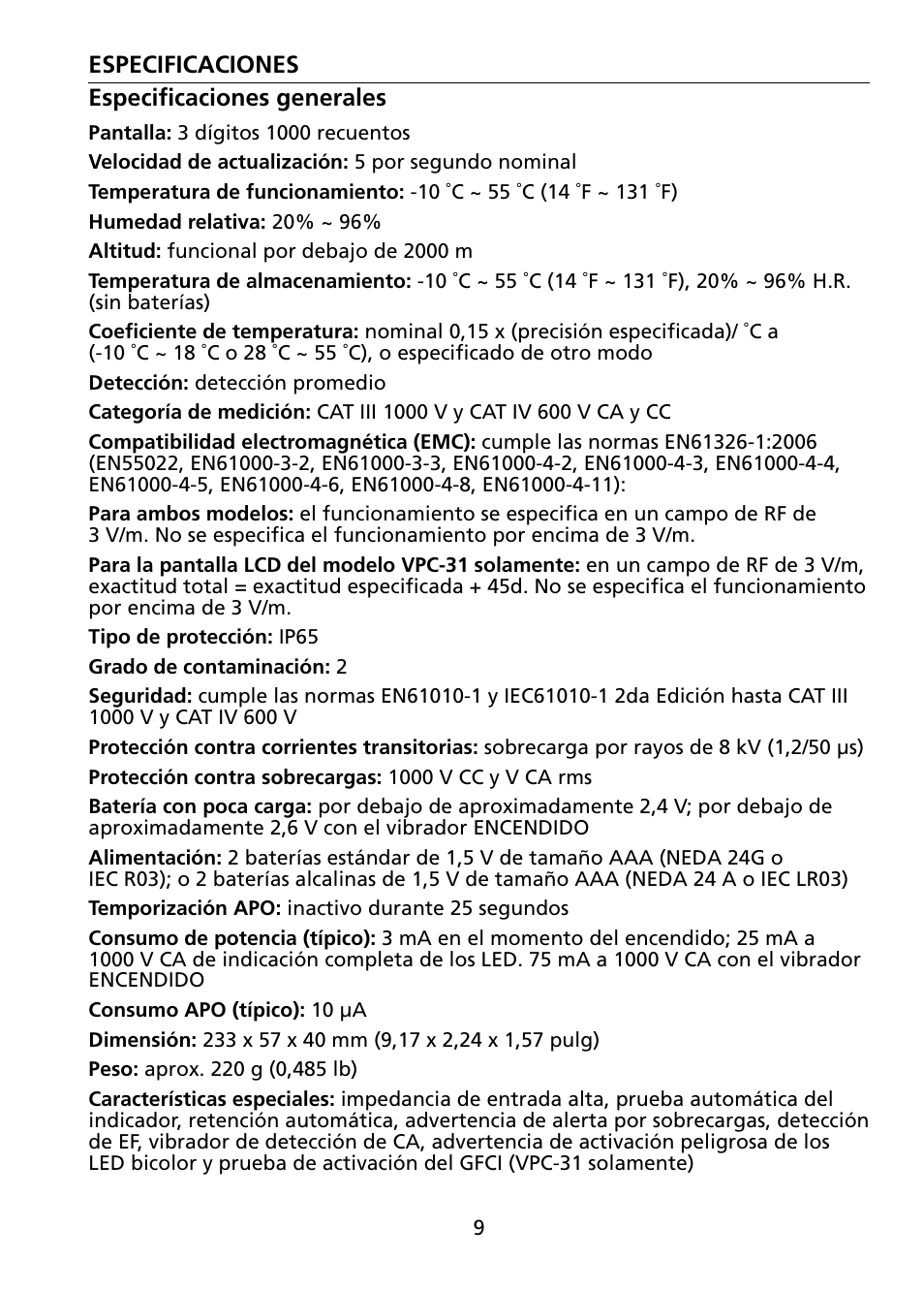 Especificaciones especificaciones generales | Amprobe VPC-30 VPC-31 Voltage-Continuity User Manual | Page 87 / 96