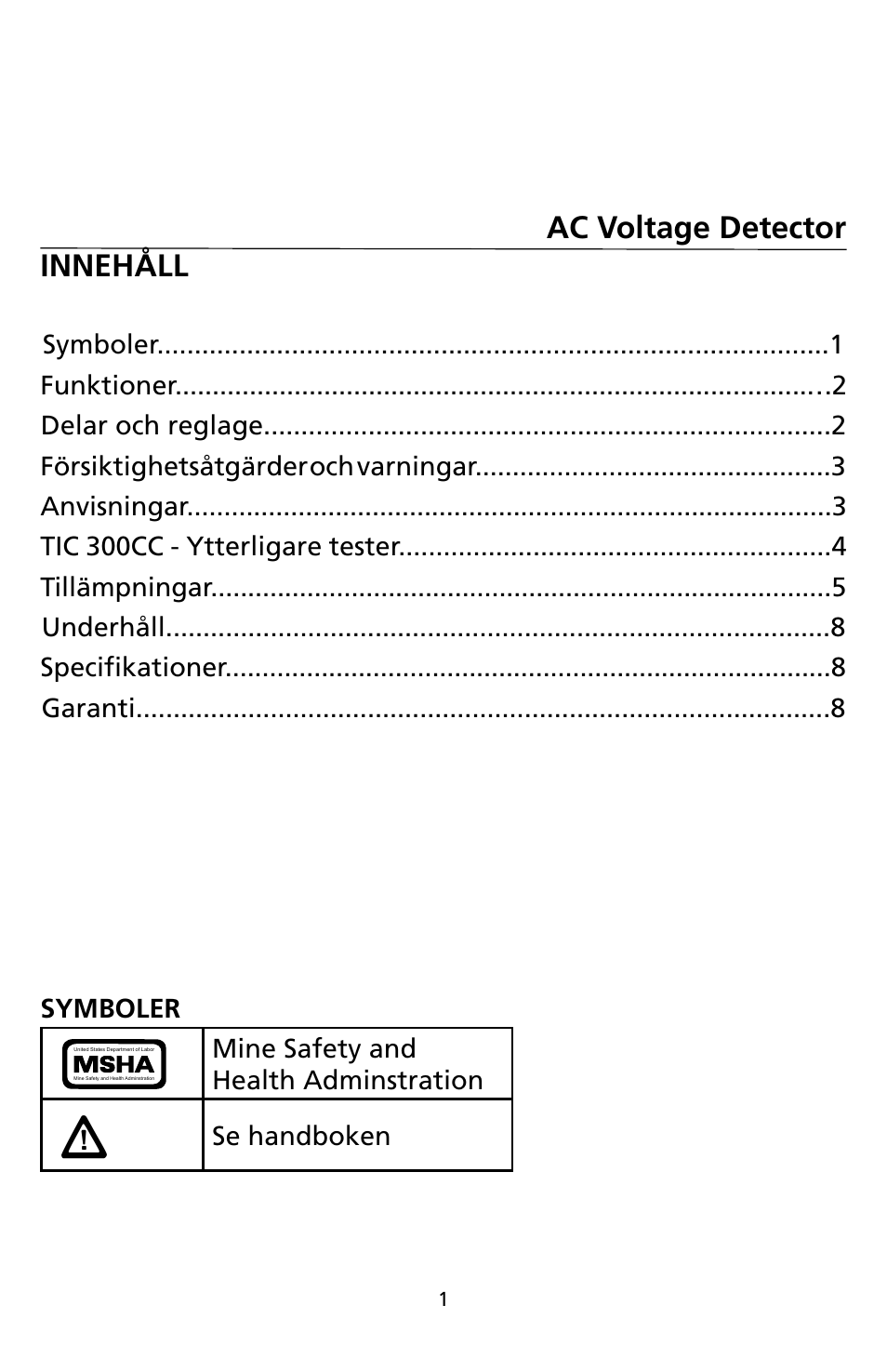 Ac voltage detector innehåll | Amprobe TIC300CC TIC-Tracer User Manual | Page 65 / 76