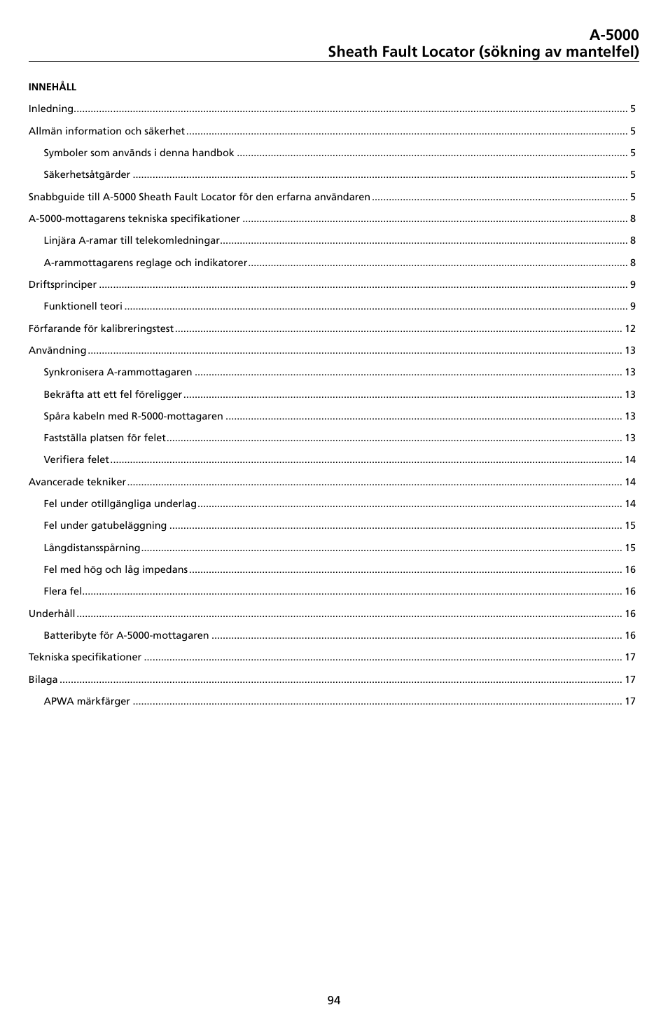 A-5000 sheath fault locator (sökning av mantelfel) | Amprobe A-5000 Sheath Fault Locator User Manual | Page 96 / 110