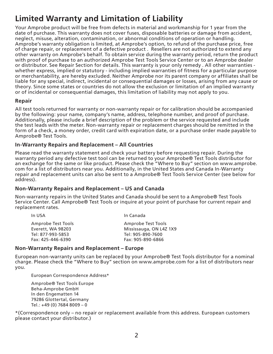 Limited warranty and limitation of liability | Amprobe AT-4000 Series Advanced-Wire-Tracer User Manual | Page 3 / 31