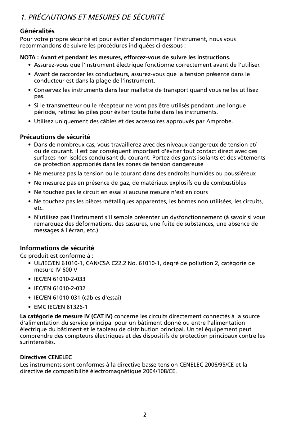 Précautions et mesures de sécurité | Amprobe AT-7000 User Manual | Page 42 / 110