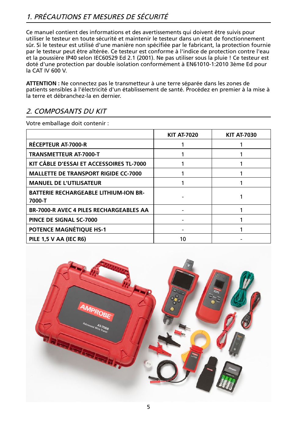 Composants du kit, Précautions et mesures de sécurité | Amprobe AT-7000 User Manual | Page 45 / 110