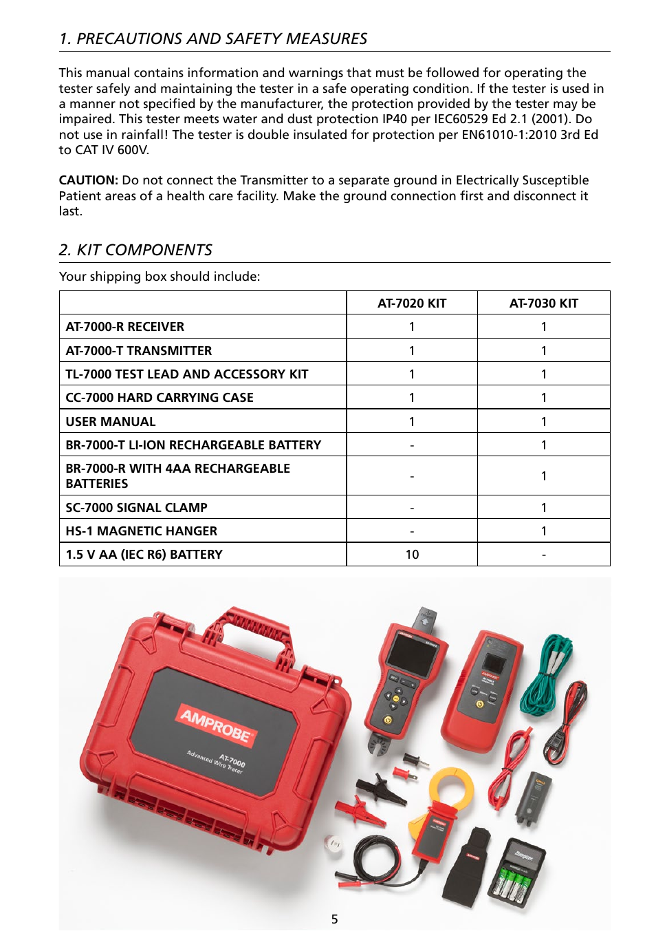 Kit components, Precautions and safety measures | Amprobe AT-7000 User Manual | Page 9 / 110