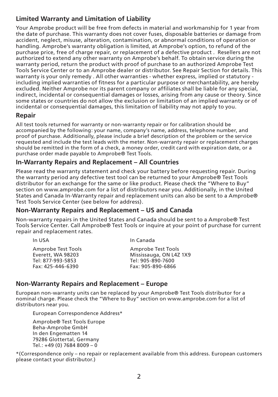 2limited warranty and limitation of liability, Repair, Non-warranty repairs and replacement – europe | Amprobe ATGC-1 Ground-Coil User Manual | Page 3 / 12