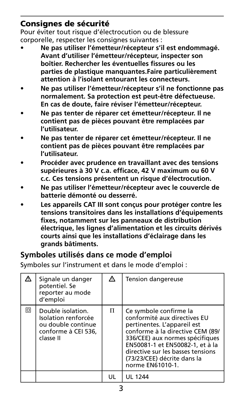 3consignes de sécurité, Symboles utilisés dans ce mode d’emploi | Amprobe ECB50A User Manual | Page 25 / 69