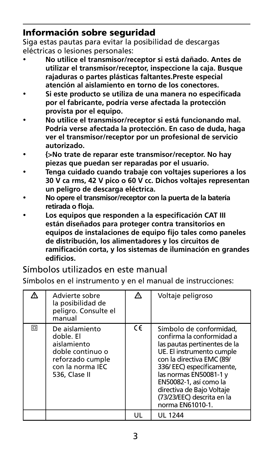 3información sobre seguridad, Símbolos utilizados en este manual | Amprobe ECB50A User Manual | Page 61 / 69