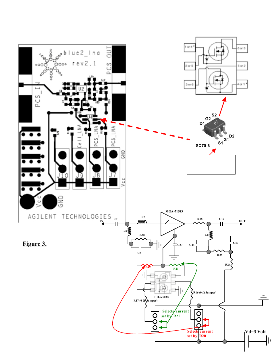 Figure 3. test board layout and schematic, Vd=3 volt | Avago Technologies MGA-71543 User Manual | Page 3 / 3
