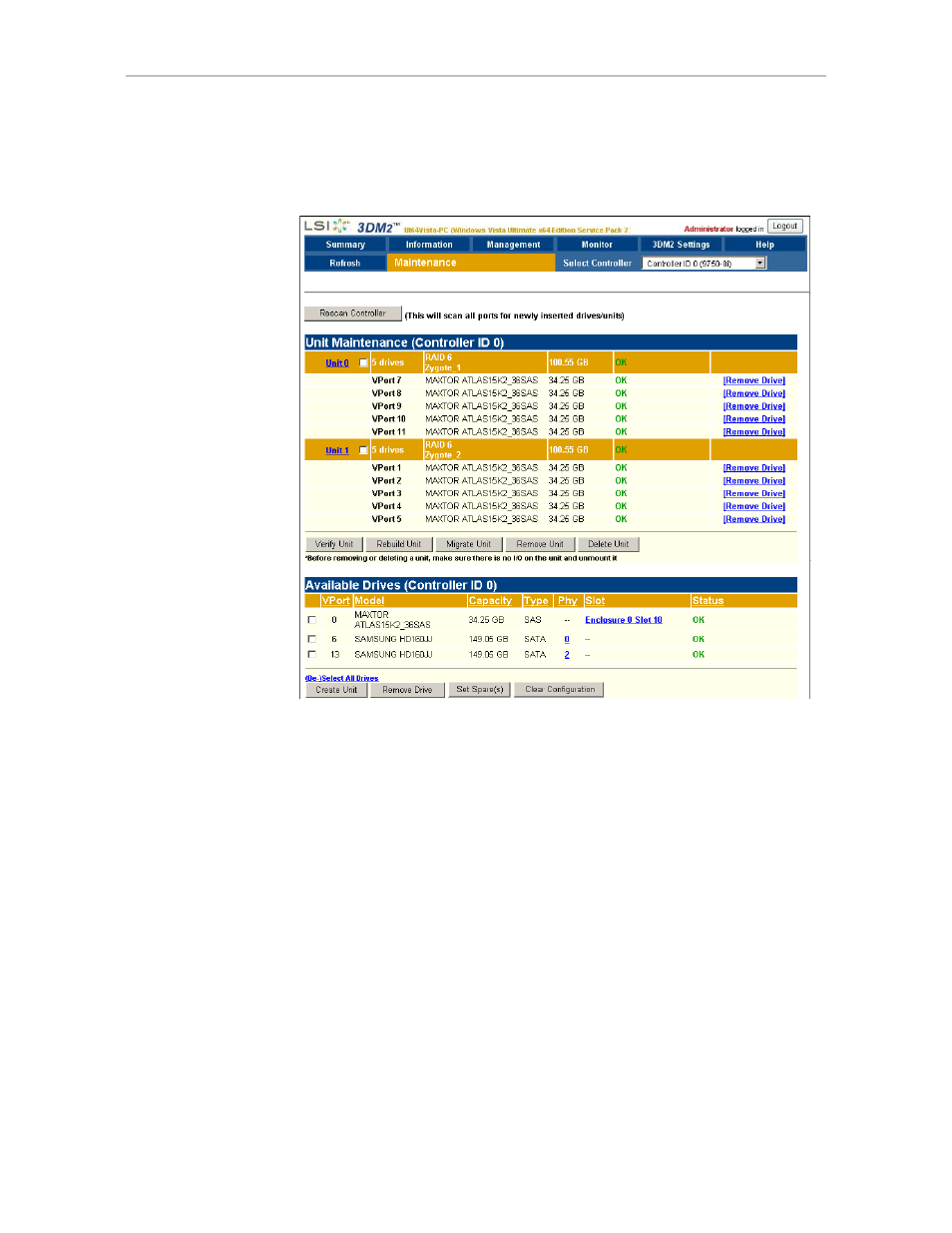 Maintenance page, Rescan controller | Avago Technologies 3ware SAS 9750-16i4e User Manual | Page 220 / 380