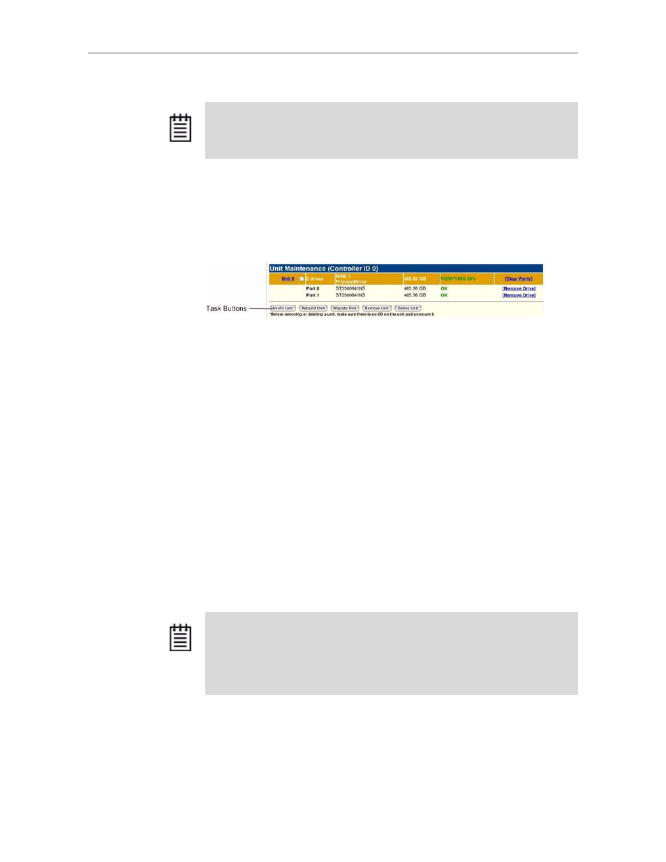 Maintenance task buttons for existing units | Avago Technologies 3ware SAS 9750-16i4e User Manual | Page 223 / 380