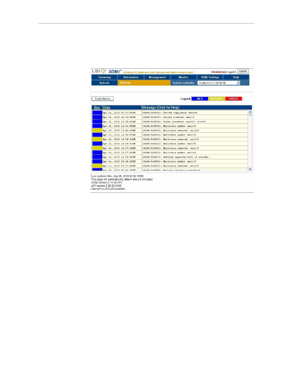 Alarms page | Avago Technologies 3ware SAS 9750-16i4e User Manual | Page 229 / 380