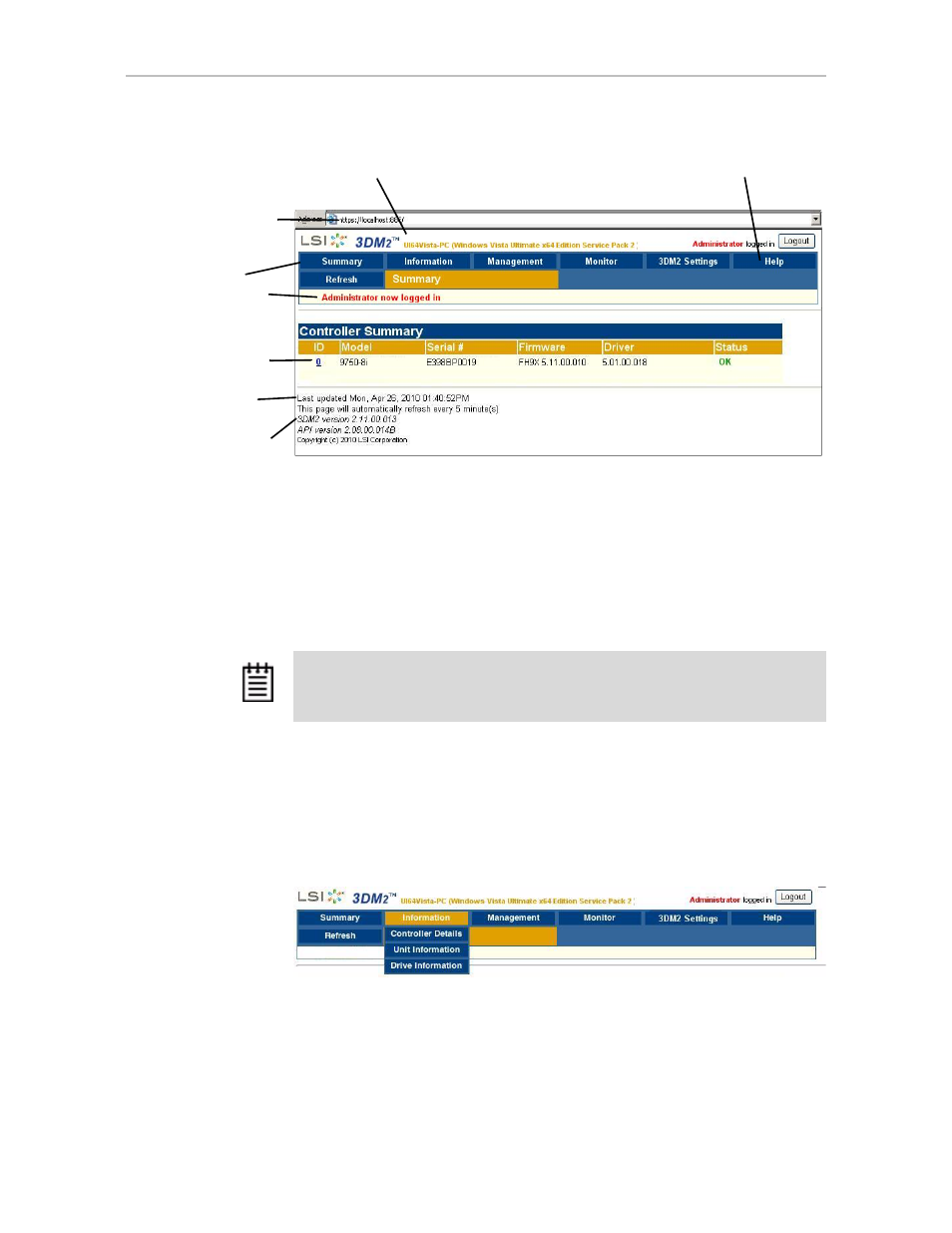 3dm2 menus, Status information is available from the, Figure 27. 3dm2 menu bar | Information menu | Avago Technologies 3ware SAS 9750-16i4e User Manual | Page 64 / 380