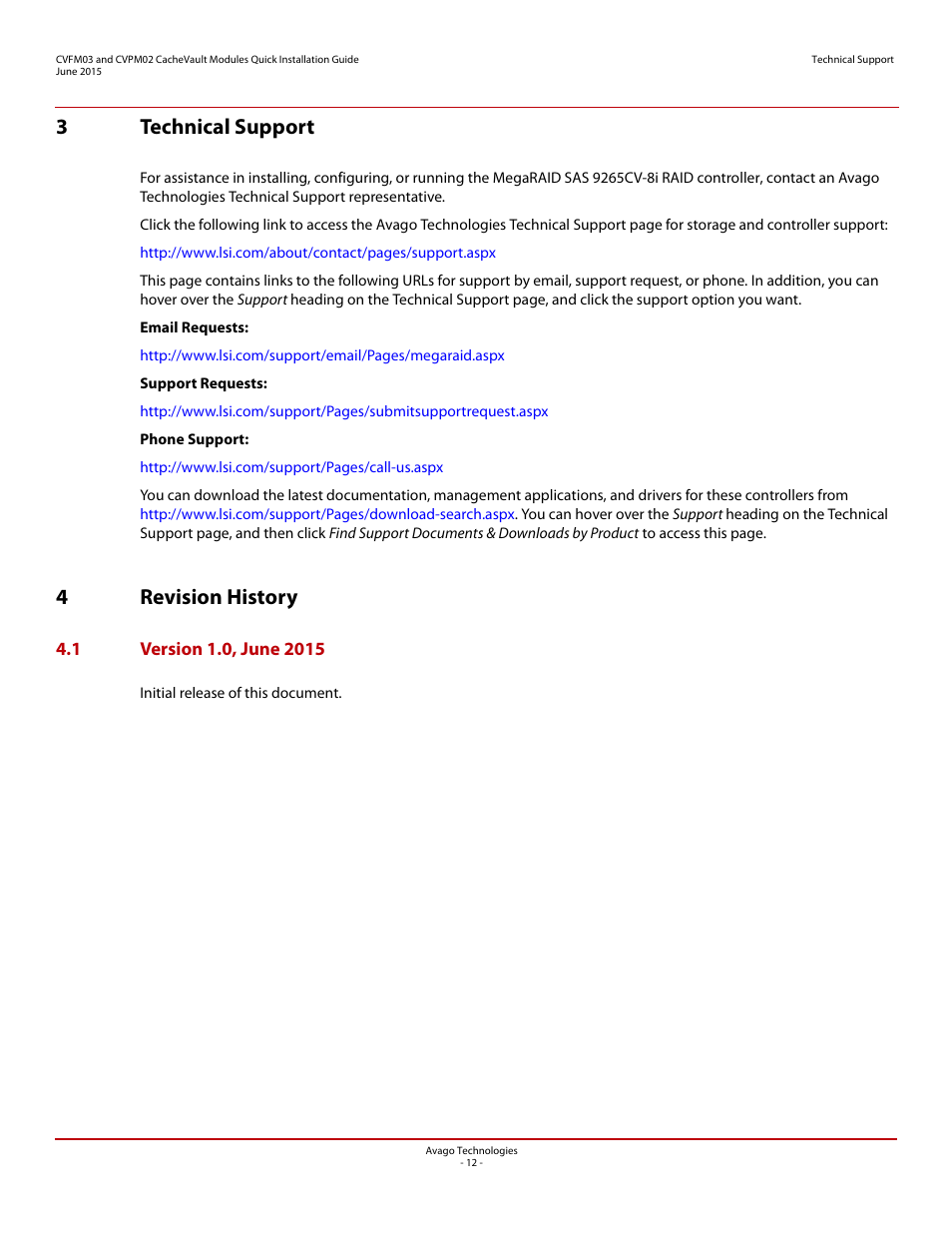 3 technical support, 4 revision history, 1 version 1.0, june 2015 | 3technical support, 4revision history | Avago Technologies Cache Protection for RAID Controller Cards User Manual | Page 12 / 13
